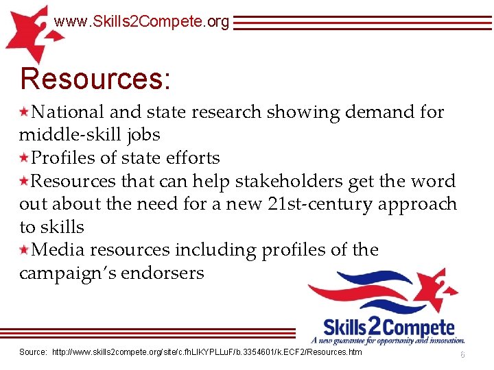 www. Skills 2 Compete. org Resources: National and state research showing demand for middle-skill