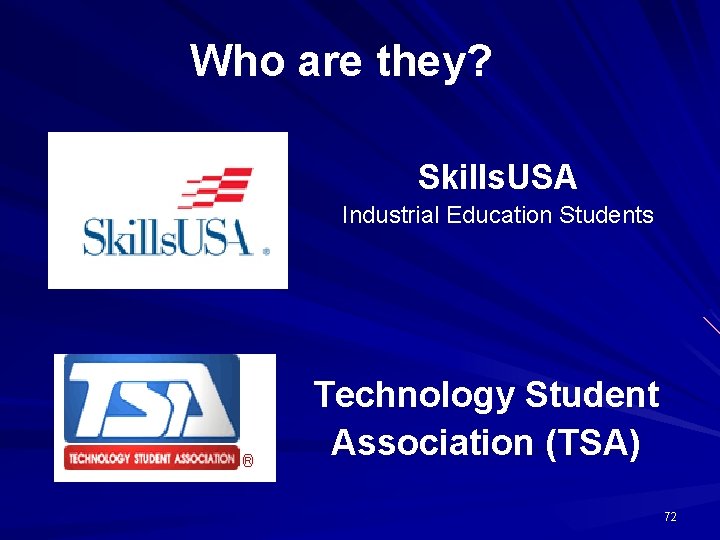 Who are they? Skills. USA Industrial Education Students Technology Student Association (TSA) 72 