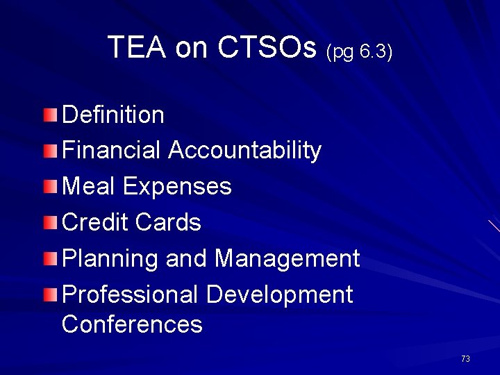 TEA on CTSOs (pg 6. 3) Definition Financial Accountability Meal Expenses Credit Cards Planning