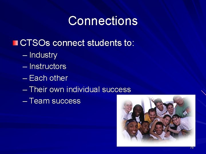 Connections CTSOs connect students to: – Industry – Instructors – Each other – Their