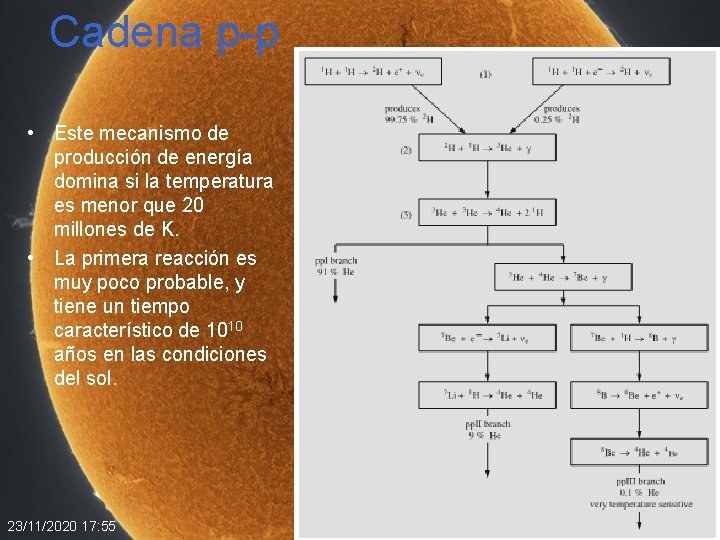 Cadena p-p • Este mecanismo de producción de energía domina si la temperatura es Cadena p-p • Este mecanismo de producción de energía domina si la temperatura es