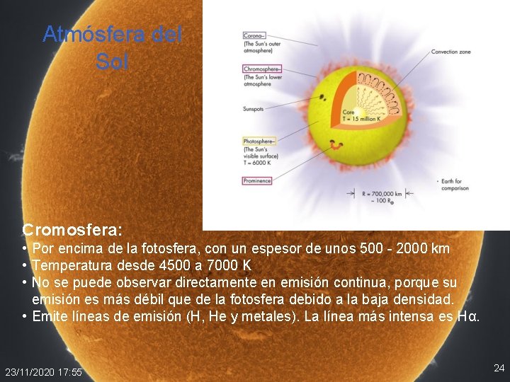 Atmósfera del Sol Cromosfera: • Por encima de la fotosfera, con un espesor de Atmósfera del Sol Cromosfera: • Por encima de la fotosfera, con un espesor de