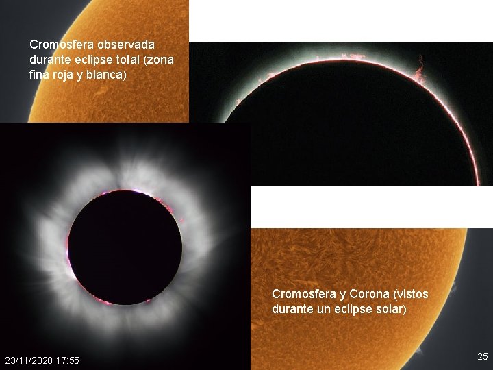 Cromosfera observada durante eclipse total (zona fina roja y blanca) Cromosfera y Corona (vistos Cromosfera observada durante eclipse total (zona fina roja y blanca) Cromosfera y Corona (vistos