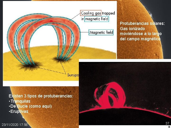 Protuberancias solares: Gas ionizado moviéndose a lo largo del campo magnético Existen 3 tipos Protuberancias solares: Gas ionizado moviéndose a lo largo del campo magnético Existen 3 tipos