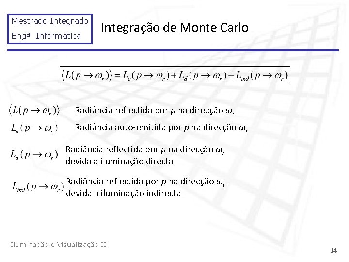 Mestrado Integrado Engª Informática Integração de Monte Carlo Radiância reflectida por p na direcção