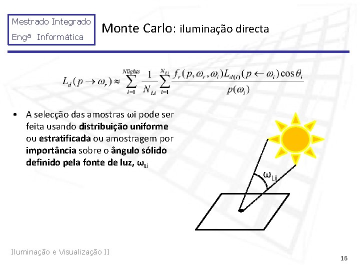 Mestrado Integrado Engª Informática Monte Carlo: iluminação directa • A selecção das amostras ωi