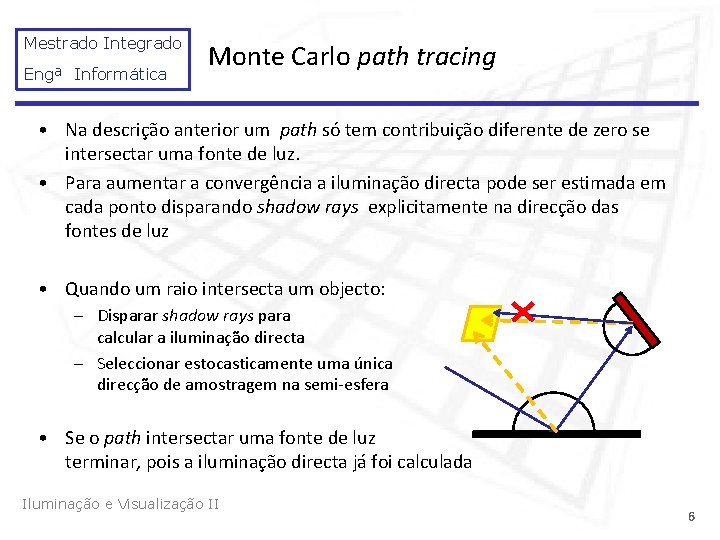 Mestrado Integrado Engª Informática Monte Carlo path tracing • Na descrição anterior um path