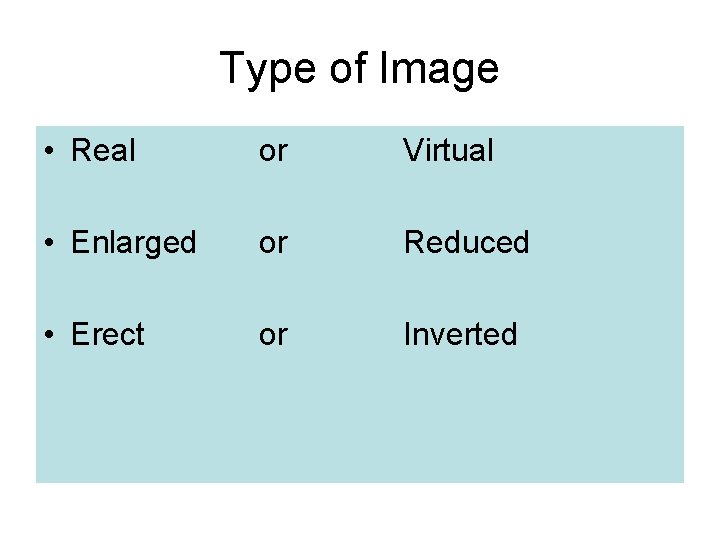 Type of Image • Real or • Enlarged or • Erect or Virtual Reduced