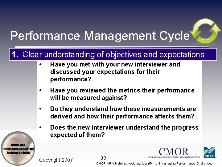 Performance Management Cycle 1. Clear understanding of objectives and expectations • Have you met