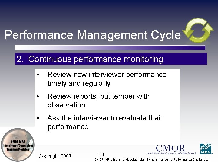 Performance Management Cycle 2. Continuous performance monitoring • Review new interviewer performance timely and