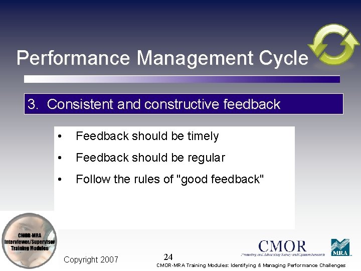 Performance Management Cycle 3. Consistent and constructive feedback • Feedback should be timely •
