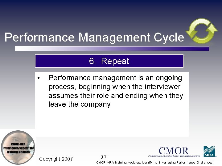 Performance Management Cycle 6. Repeat • Performance management is an ongoing process, beginning when
