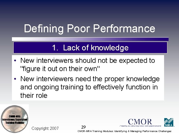 Defining Poor Performance 1. Lack of knowledge • New interviewers should not be expected