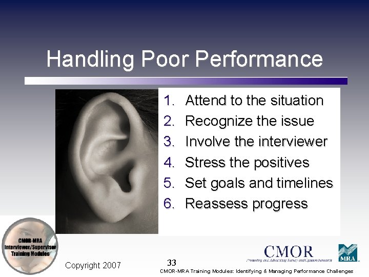 Handling Poor Performance 1. 2. 3. 4. 5. 6. Copyright 2007 Attend to the