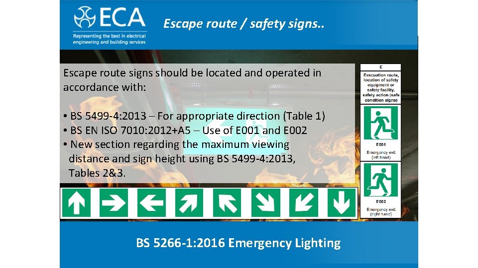 The Electrical Escape route. Contractor’ / safety Association signs. . Escape route signs should