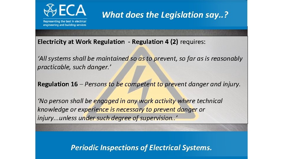 What does the Legislation say. . ? Any questions. . ? Electricity at Work