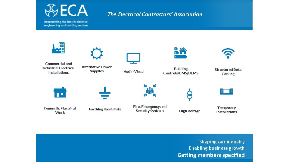 The Electrical Contractors’ Association Shaping our industry Enabling business growth Getting members specified 