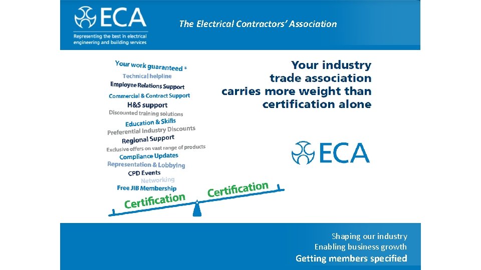 The Electrical Contractors’ Association Shaping our industry Enabling business growth Getting members specified 