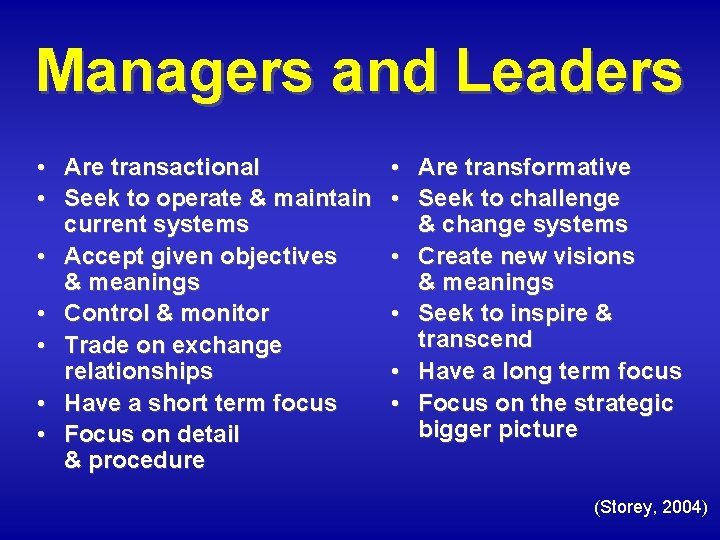 Managers and Leaders • Are transactional • Seek to operate & maintain current systems