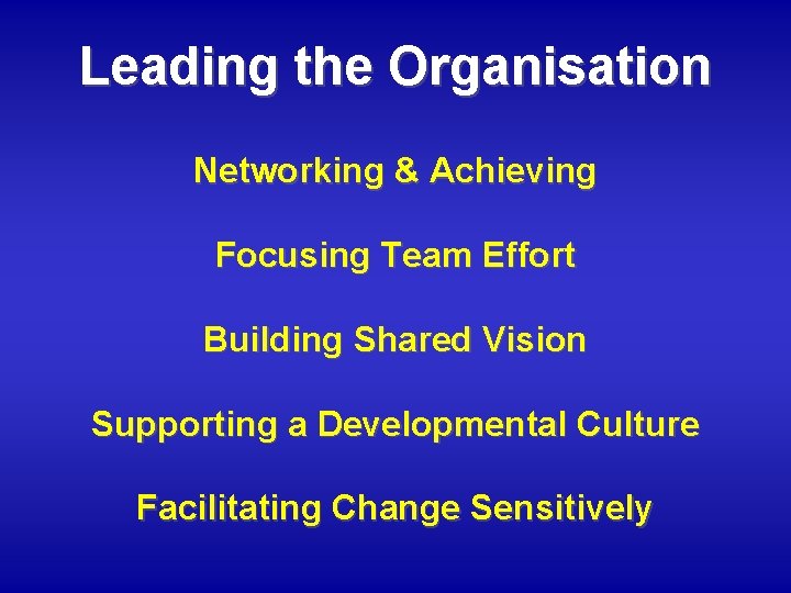 Leading the Organisation Networking & Achieving Focusing Team Effort Building Shared Vision Supporting a