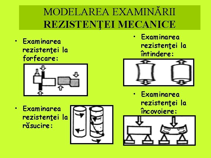 MODELAREA EXAMINĂRII REZISTENŢEI MECANICE • Examinarea rezistenţei la forfecare: • Examinarea rezistenţei la răsucire: