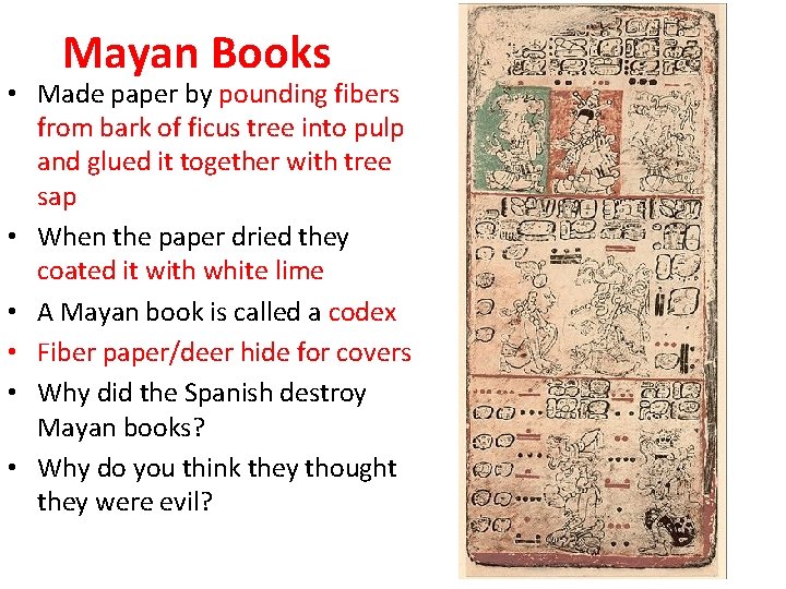 Mayan Books • Made paper by pounding fibers from bark of ficus tree into
