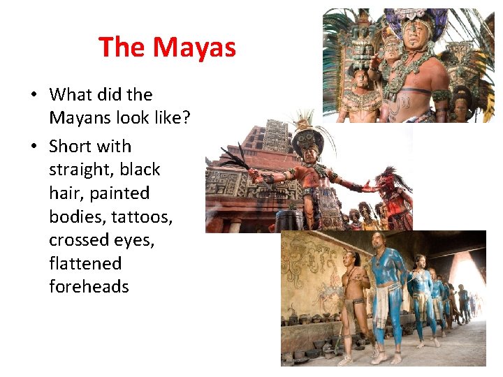 The Mayas • What did the Mayans look like? • Short with straight, black