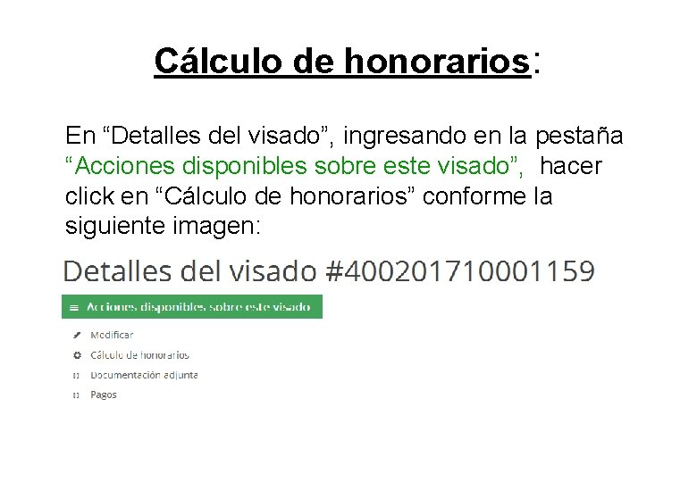 Cálculo de honorarios: En “Detalles del visado”, ingresando en la pestaña “Acciones disponibles sobre