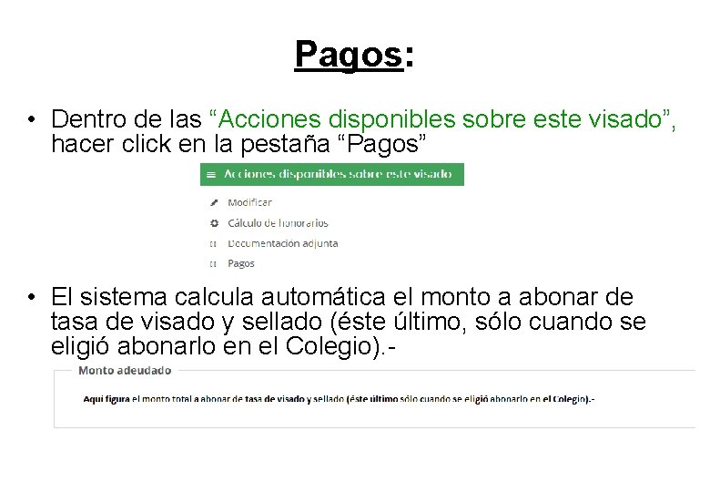 Pagos: • Dentro de las “Acciones disponibles sobre este visado”, hacer click en la