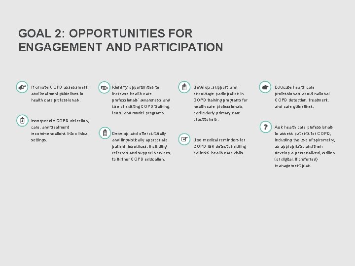 GOAL 2: OPPORTUNITIES FOR ENGAGEMENT AND PARTICIPATION Promote COPD assessment and treatment guidelines to