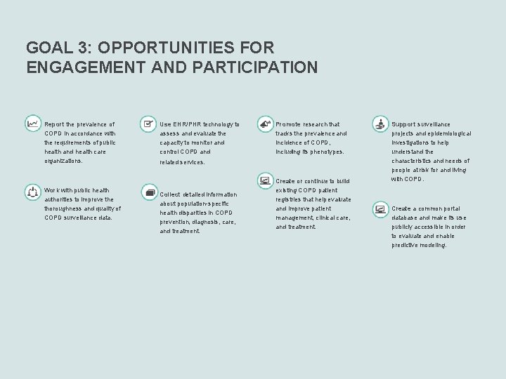 GOAL 3: OPPORTUNITIES FOR ENGAGEMENT AND PARTICIPATION Report the prevalence of COPD in accordance