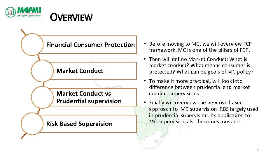 OVERVIEW Financial Consumer Protection Market Conduct vs Prudential supervision Risk Based Supervision • Before