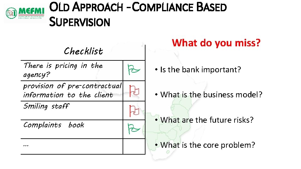 OLD APPROACH - COMPLIANCE BASED SUPERVISION What do you miss? Checklist There is pricing