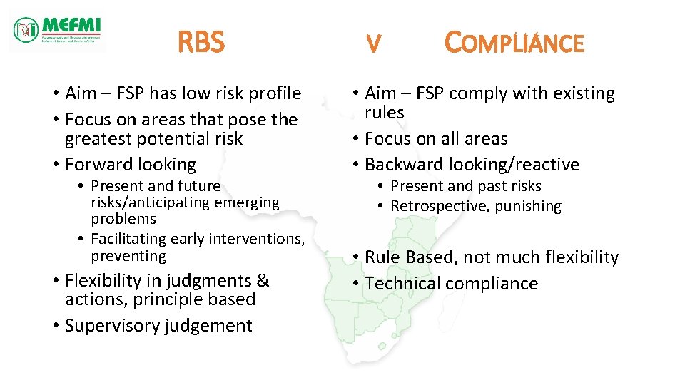 RBS • Aim – FSP has low risk profile • Focus on areas that