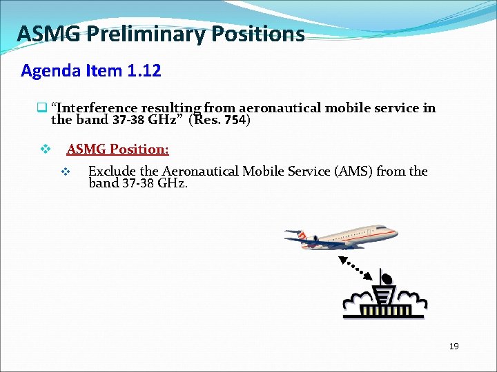 ASMG Preliminary Positions Agenda Item 1. 12 q “Interference resulting from aeronautical mobile service