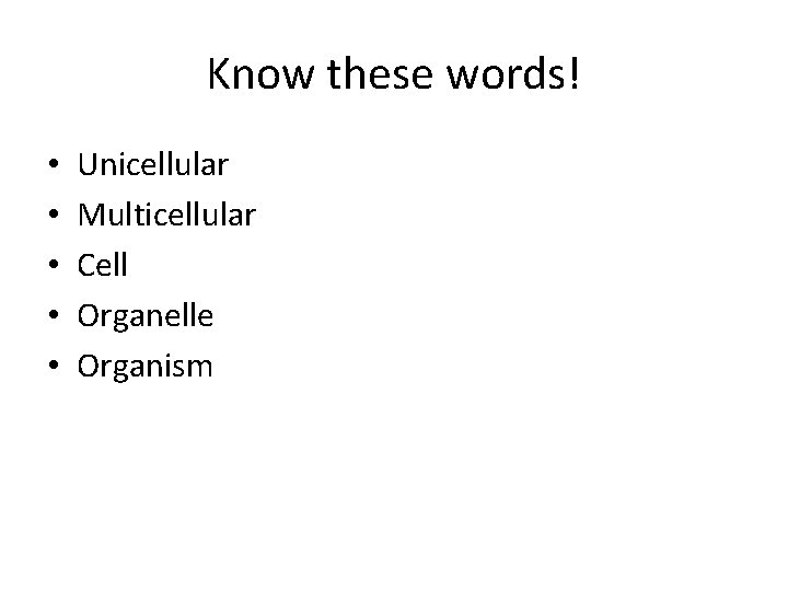 Know these words! • • • Unicellular Multicellular Cell Organelle Organism 