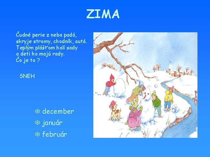 ZIMA Čudné perie z neba padá, skryje stromy, chodník, autá. Teplým plášťom halí sady