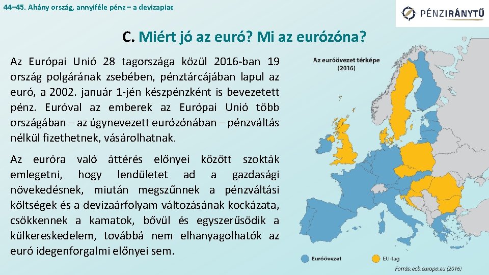 44– 45. Ahány ország, annyiféle pénz – a devizapiac C. Miért jó az euró?