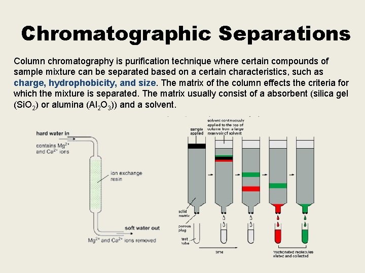 Chromatographic Separations Column chromatography is purification technique where certain compounds of sample mixture can