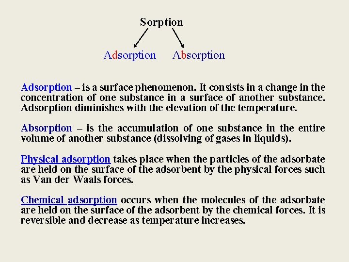 Sorption Adsorption Absorption Adsorption – is a surface phenomenon. It consists in a change