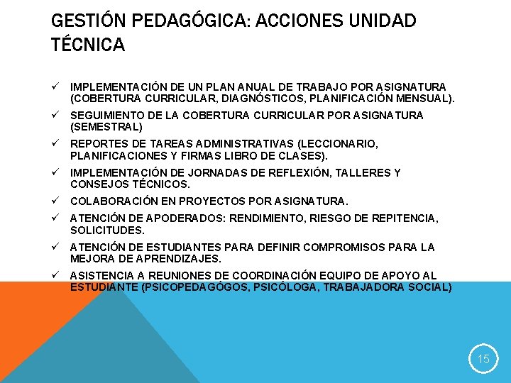 GESTIÓN PEDAGÓGICA: ACCIONES UNIDAD TÉCNICA ü IMPLEMENTACIÓN DE UN PLAN ANUAL DE TRABAJO POR