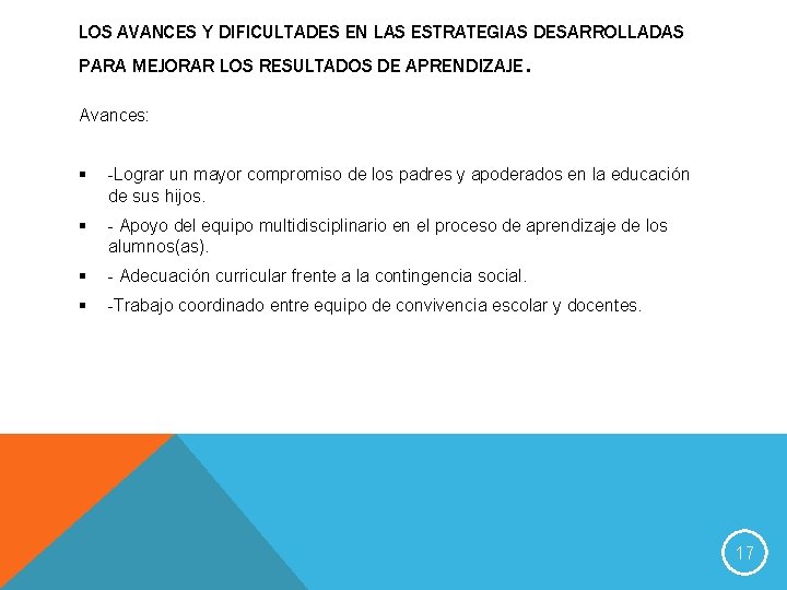 LOS AVANCES Y DIFICULTADES EN LAS ESTRATEGIAS DESARROLLADAS PARA MEJORAR LOS RESULTADOS DE APRENDIZAJE.