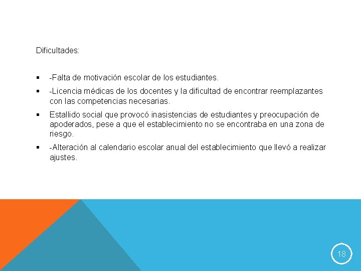 Dificultades: § -Falta de motivación escolar de los estudiantes. § -Licencia médicas de los