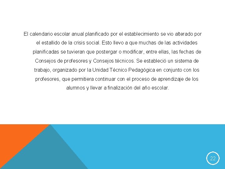 El calendario escolar anual planificado por el establecimiento se vio alterado por el estallido