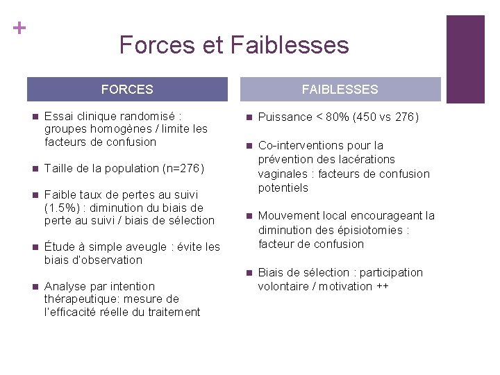 + Forces et Faiblesses FORCES n Essai clinique randomisé : groupes homogènes / limite + Forces et Faiblesses FORCES n Essai clinique randomisé : groupes homogènes / limite