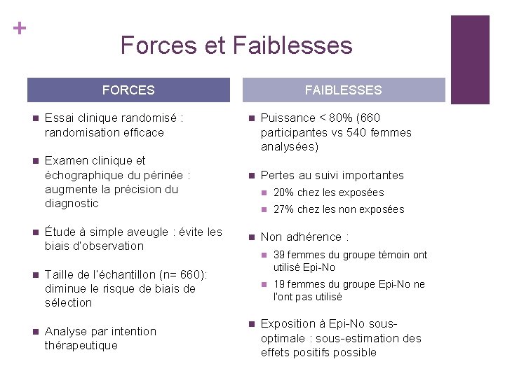 + Forces et Faiblesses FORCES n Essai clinique randomisé : randomisation efficace n Examen + Forces et Faiblesses FORCES n Essai clinique randomisé : randomisation efficace n Examen