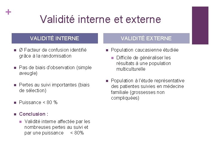 + Validité interne et externe VALIDITÉ INTERNE n Ø Facteur de confusion identifié grâce + Validité interne et externe VALIDITÉ INTERNE n Ø Facteur de confusion identifié grâce