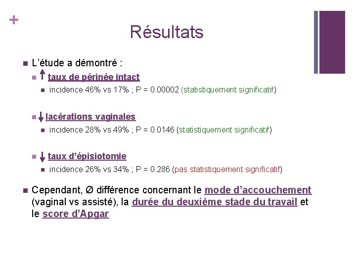+ Résultats n L’étude a démontré : n taux de périnée intact n n + Résultats n L’étude a démontré : n taux de périnée intact n n