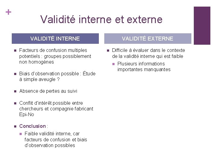 + Validité interne et externe VALIDITÉ INTERNE n Facteurs de confusion multiples potentiels : + Validité interne et externe VALIDITÉ INTERNE n Facteurs de confusion multiples potentiels :