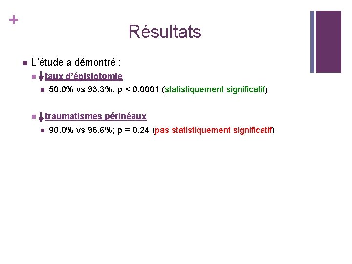 + Résultats n L’étude a démontré : n taux d’épisiotomie n n 50. 0% + Résultats n L’étude a démontré : n taux d’épisiotomie n n 50. 0%
